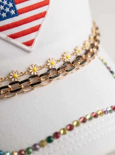 Custom Trucker Hat with USA Heart Patch, Floral Chains, and Multicolored Crystals