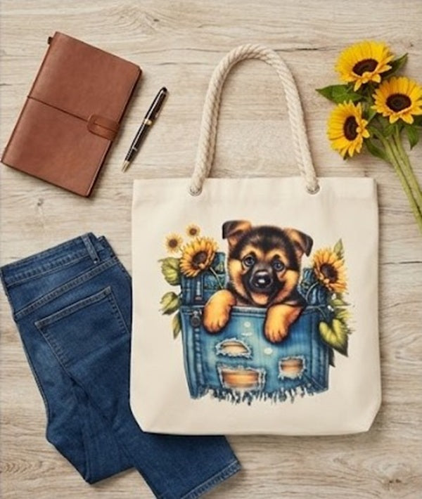 Canvas Tote Bag – German Shepherd and Sunflower Design with Rope Handles