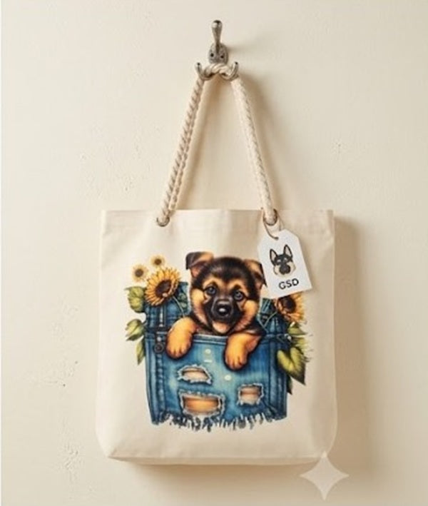 Canvas Tote Bag – German Shepherd and Sunflower Design with Rope Handles