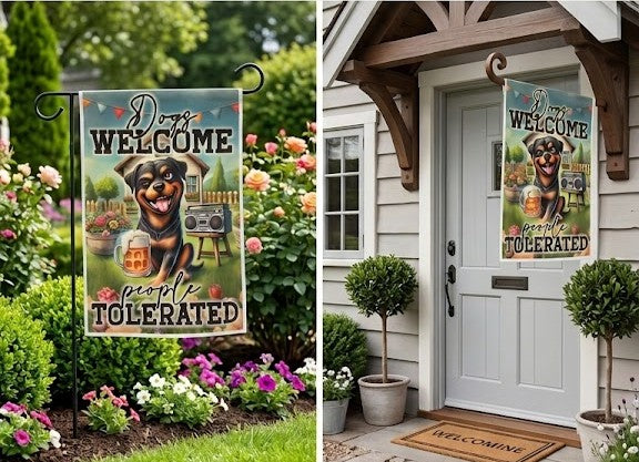 "Dogs Welcome, People Tolerated" Garden Flag | The official house rule! 🐾🍺