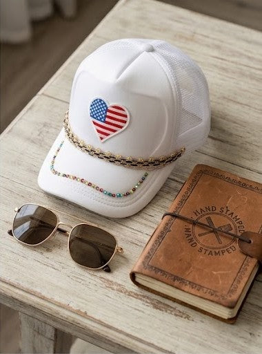 Custom Trucker Hat with USA Heart Patch, Floral Chains, and Multicolored Crystals
