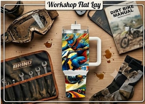 40 oz Motocross Insulated Tumbler with Handle – Heavy-Duty Sports Gift, Color Explosion Design