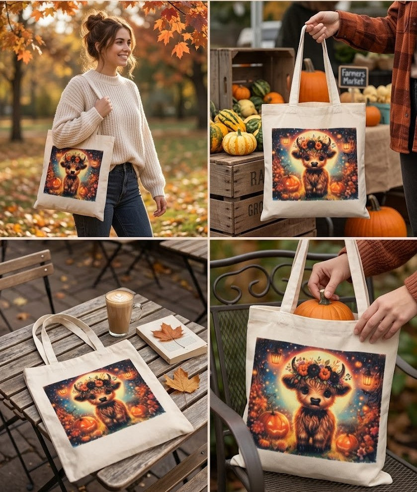 "Cozy Highland Cow" Autumn Tote Bag  Rustic Magic and Charm