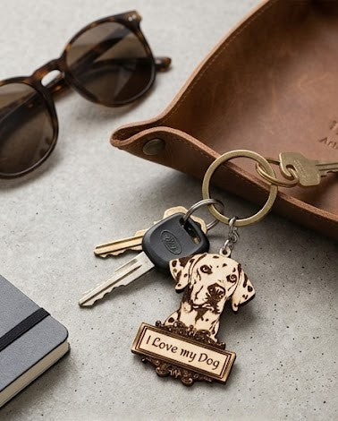 Handcrafted Wooden Keychain - "I Love My Dog" Dalmatian Edition | With Leather Tassel and Personalized Laser Engraving