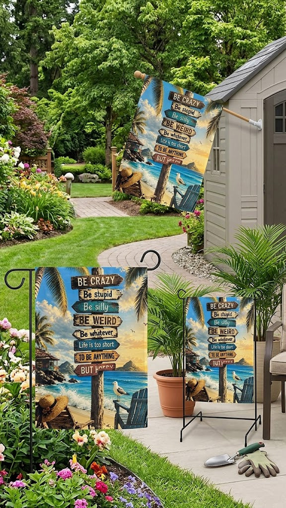 12x18 Beach Garden Flag with Stand Included – Retro Coastal Decor for Patio, Lawn, and Entryway