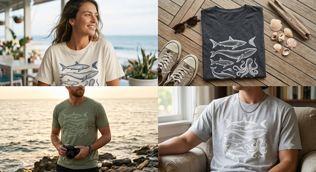 "Mysteries of the Ocean" T-Shirt – Chalk Etching Style / Vintage Nautical