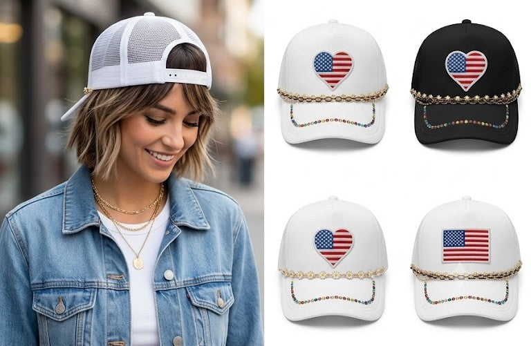 Custom Trucker Hat with USA Heart Patch, Floral Chains, and Multicolored Crystals