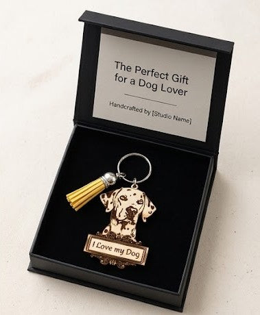 Handcrafted Wooden Keychain - "I Love My Dog" Dalmatian Edition | With Leather Tassel and Personalized Laser Engraving