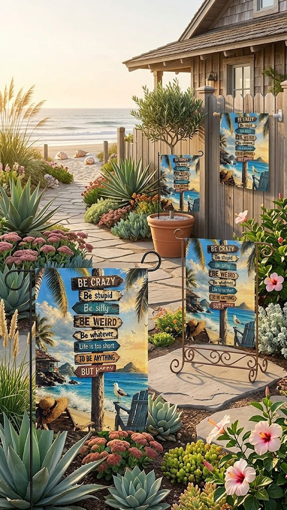 12x18 Beach Garden Flag with Stand Included – Retro Coastal Decor for Patio, Lawn, and Entryway