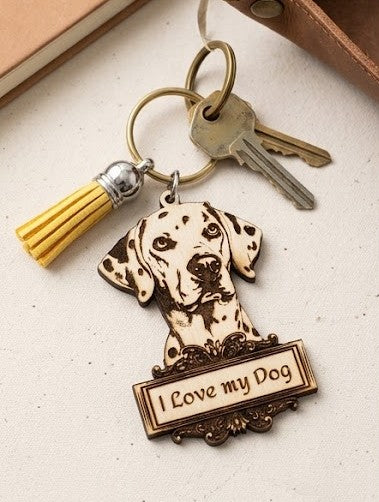 Handcrafted Wooden Keychain - "I Love My Dog" Dalmatian Edition | With Leather Tassel and Personalized Laser Engraving