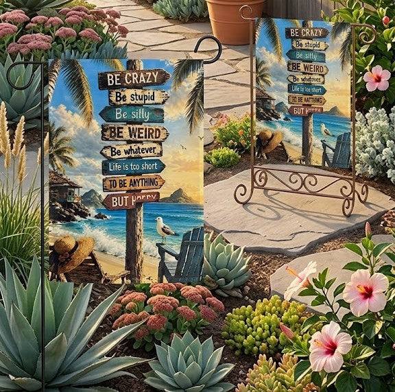 12x18 Beach Garden Flag with Stand Included – Retro Coastal Decor for Patio, Lawn, and Entryway