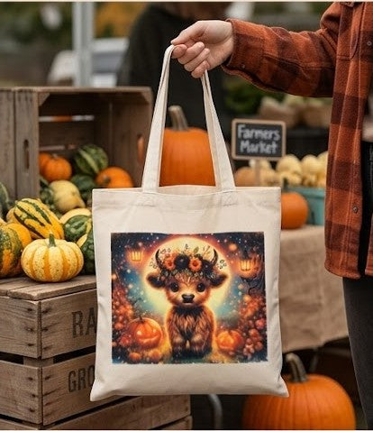 "Cozy Highland Cow" Autumn Tote Bag  Rustic Magic and Charm