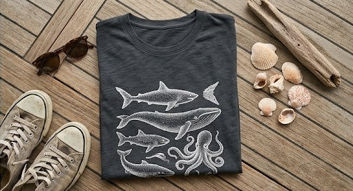 "Mysteries of the Ocean" T-Shirt – Chalk Etching Style / Vintage Nautical