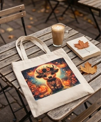 "Cozy Highland Cow" Autumn Tote Bag  Rustic Magic and Charm