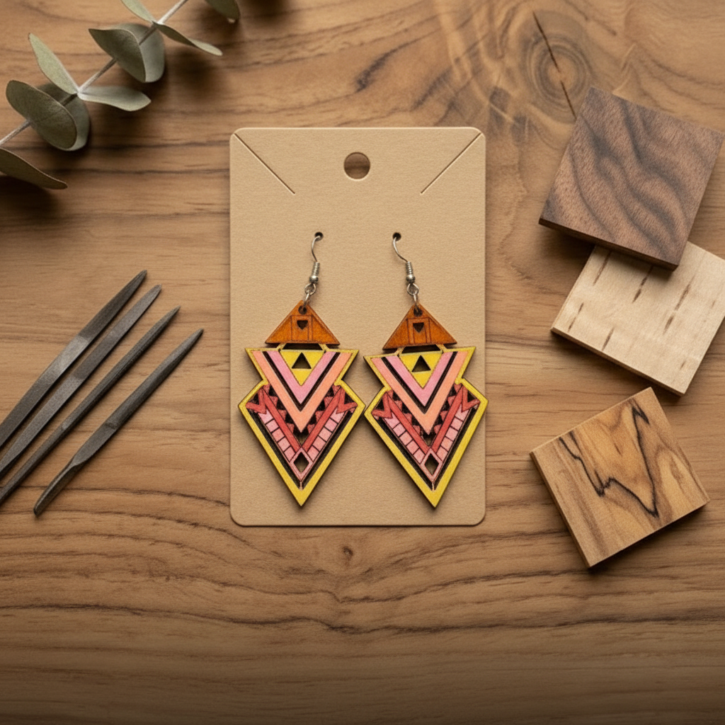 Boho Geometric Wood Earrings — Imagen cuadrada 1:1