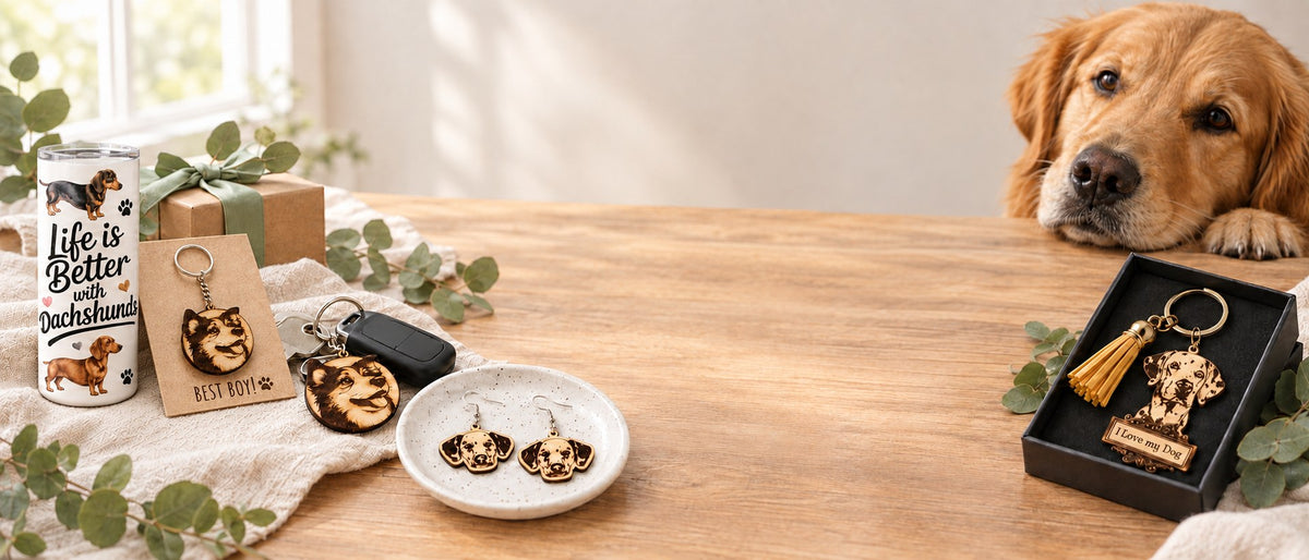 Personalized engraved wooden dog keychains, Dalmatian earrings and a dachshund tumbler on a wooden table with a golden retriever