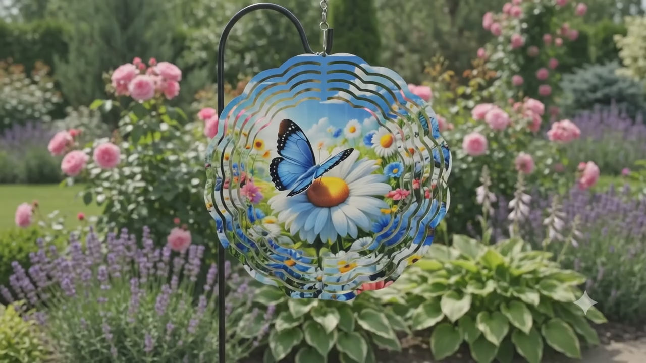 3D Blue Butterfly & Daisy Wind Spinner – Kinetic Garden Sculpture with 360° Swivel Hook