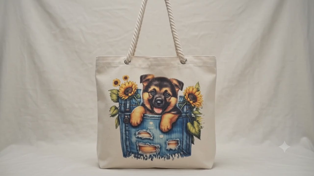 Canvas Tote Bag – German Shepherd and Sunflower Design with Rope Handles
